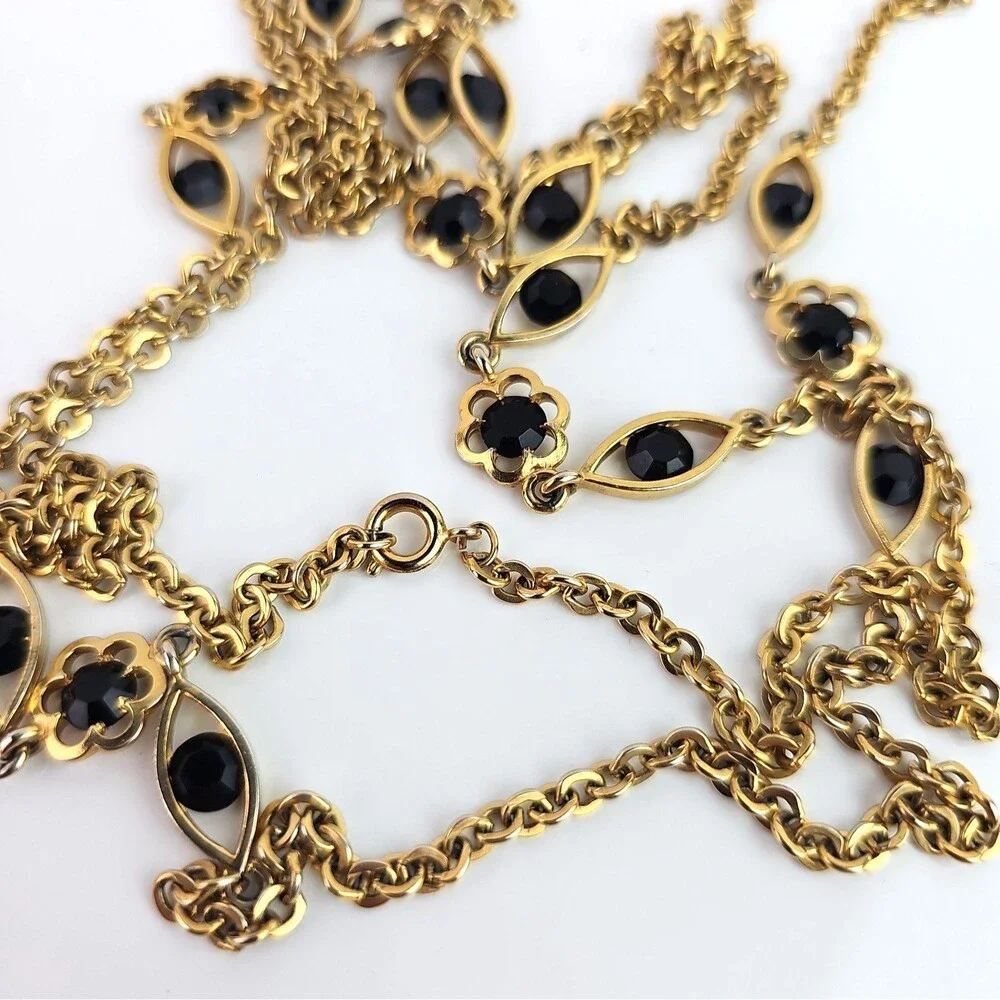 Vintage Long Gold Tone Necklace Black Faceted 52 inch and Bracelet Bezel Setting